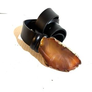 Handmade unisex Black Leather Belt with Agate Stone Buckle